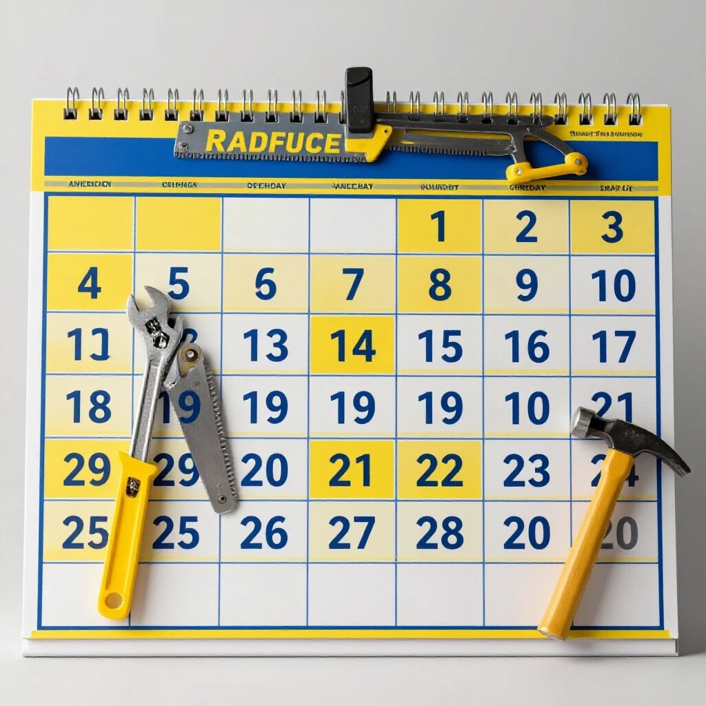 A vibrant calendar with tools integrated into the date boxes, showcasing organization for DIY projects.