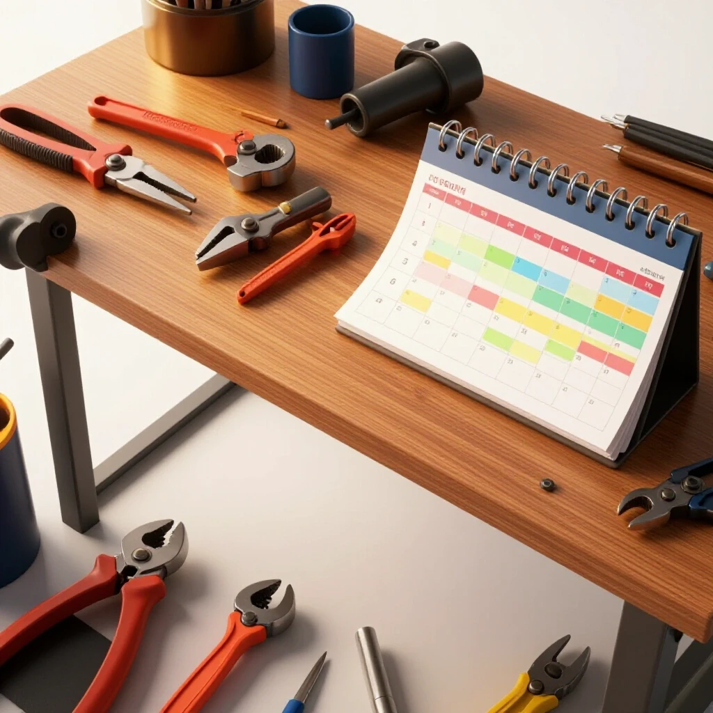 A workspace image showing a welded tools cluttered side and a colorful calendar on the other, highlighting organization and efficiency.