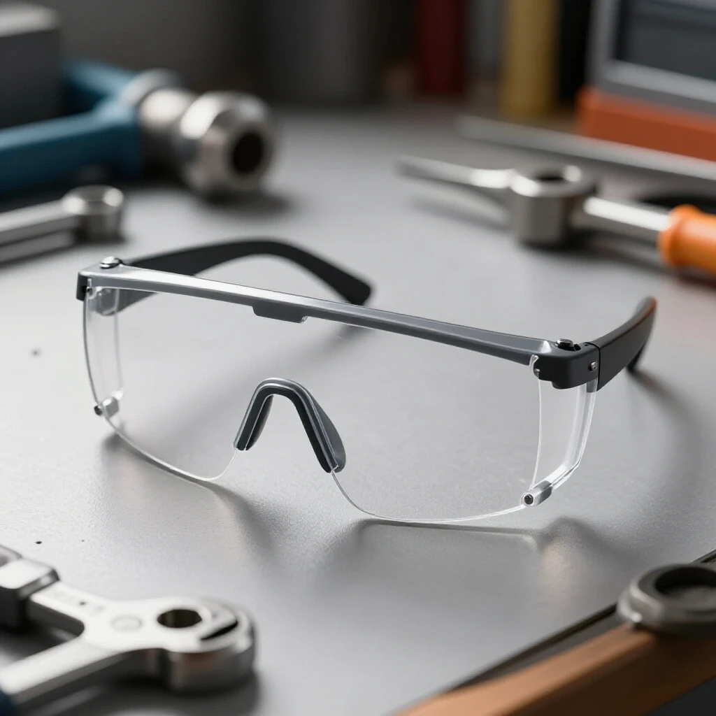 Close-up of scratch-resistant safety glasses on a workbench surrounded by workshop tools, showcasing durability.