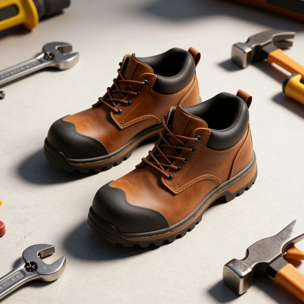 A sturdy pair of work shoes on a textured workshop floor, surrounded by tools, emphasizing durability for long hours.