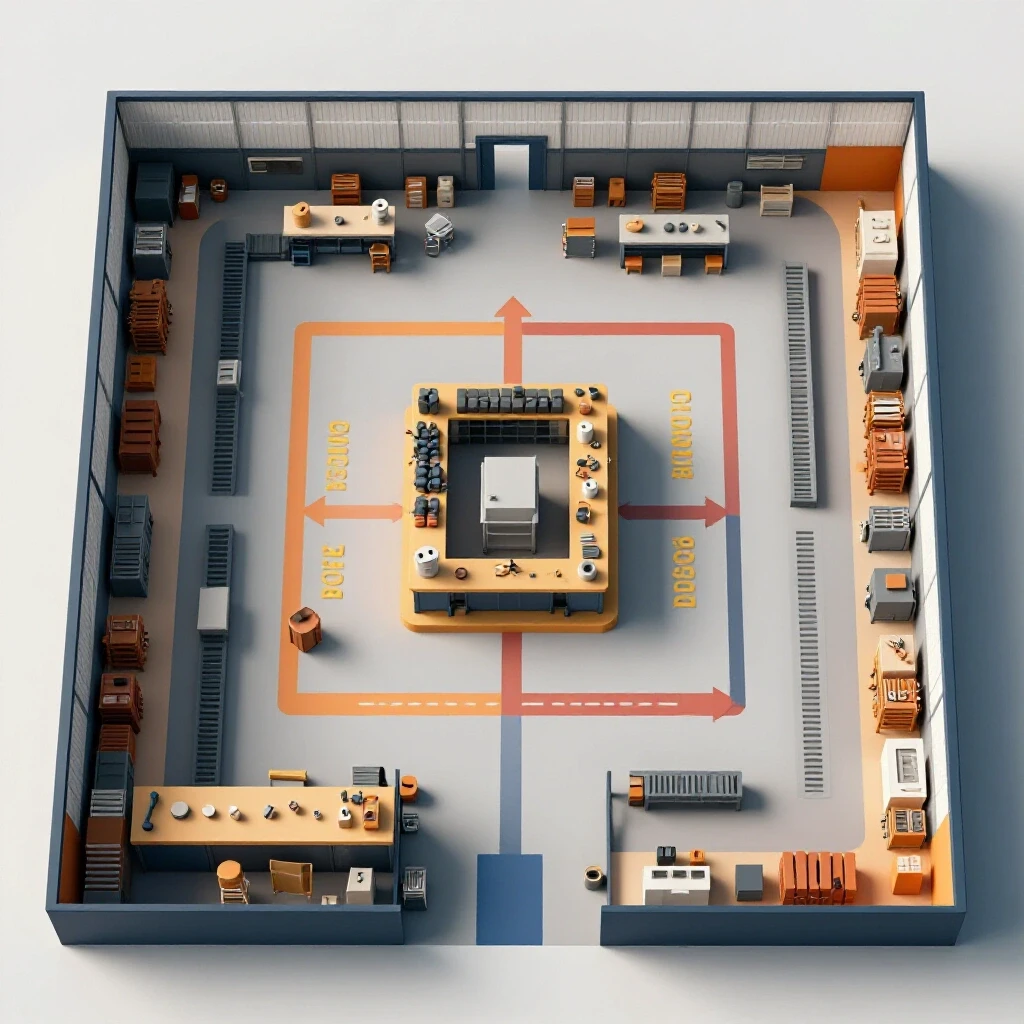 A detailed overhead view of a workshop layout illustrating zones for receiving, processing, and dispatching materials, with arrows to indicate flow.