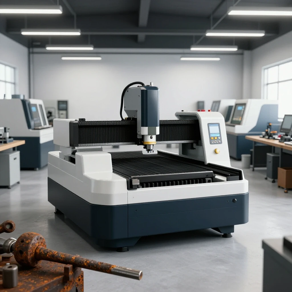 A modern workshop featuring upgraded machinery with a rusted tool in the foreground, showcasing the contrast between old and new.