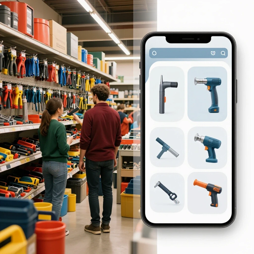 A vibrant split-image comparing a local hardware store with a sleek online shopping interface for machine tools.