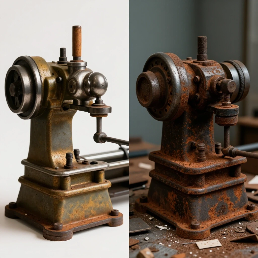 A split-image of a restored vintage machine tool contrasted with a neglected, rusted version, highlighting restoration versus abandonment.