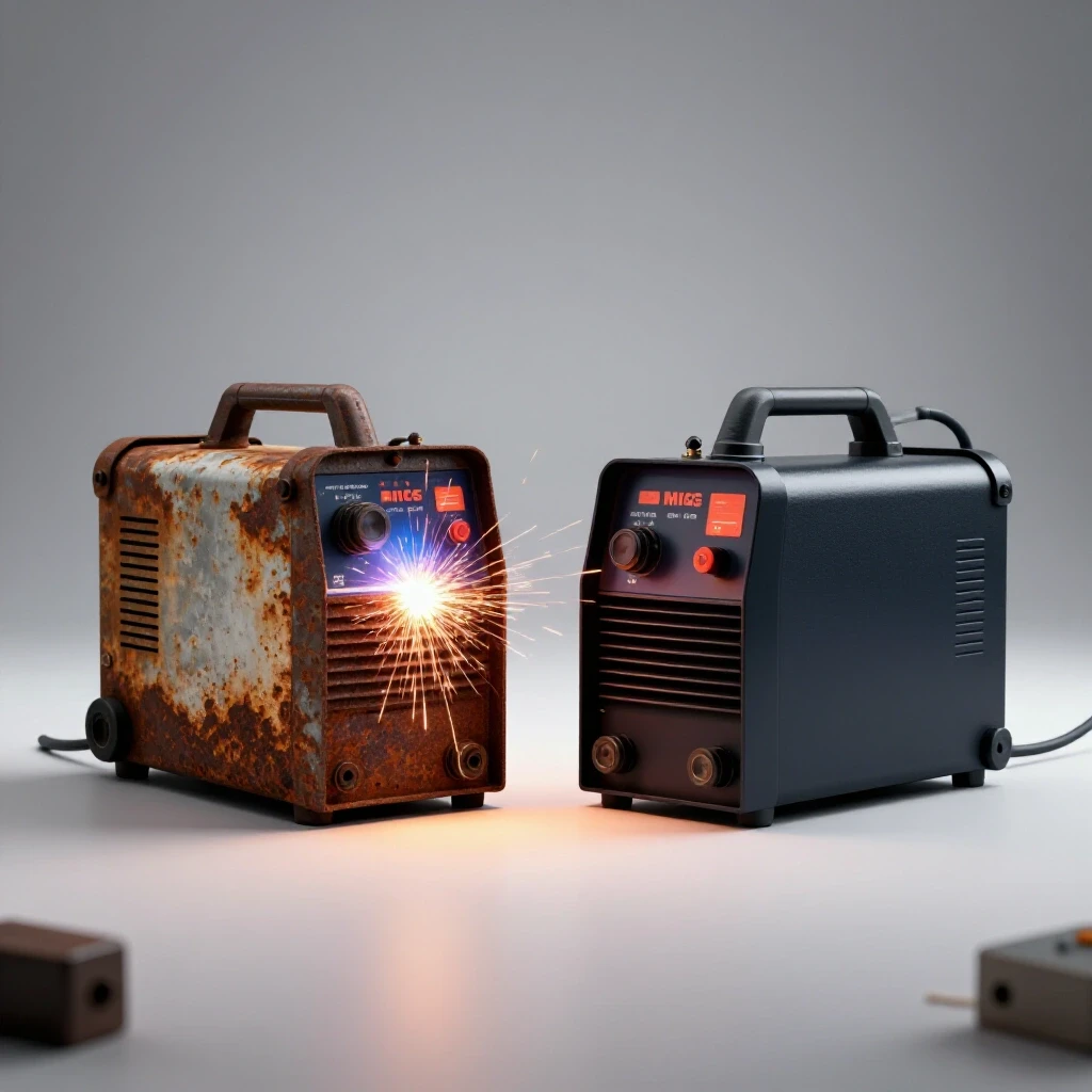 A side-by-side comparison of an old rusted MIG welder and a modern transformer MIG welder with sparks, showcasing technology differences.