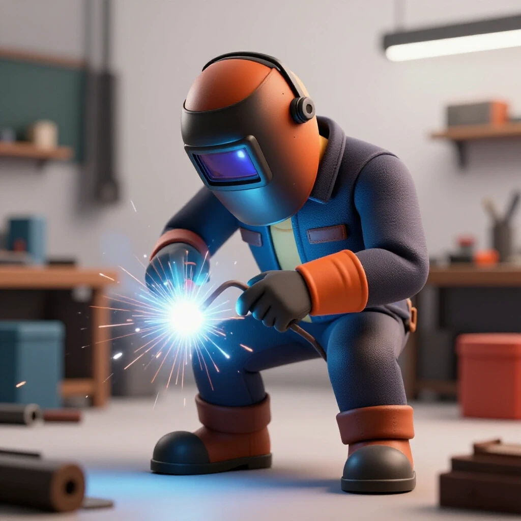 Close-up of a welder in action illustrating travel speed, with a vibrant welding arc set in a DIY workshop scene.