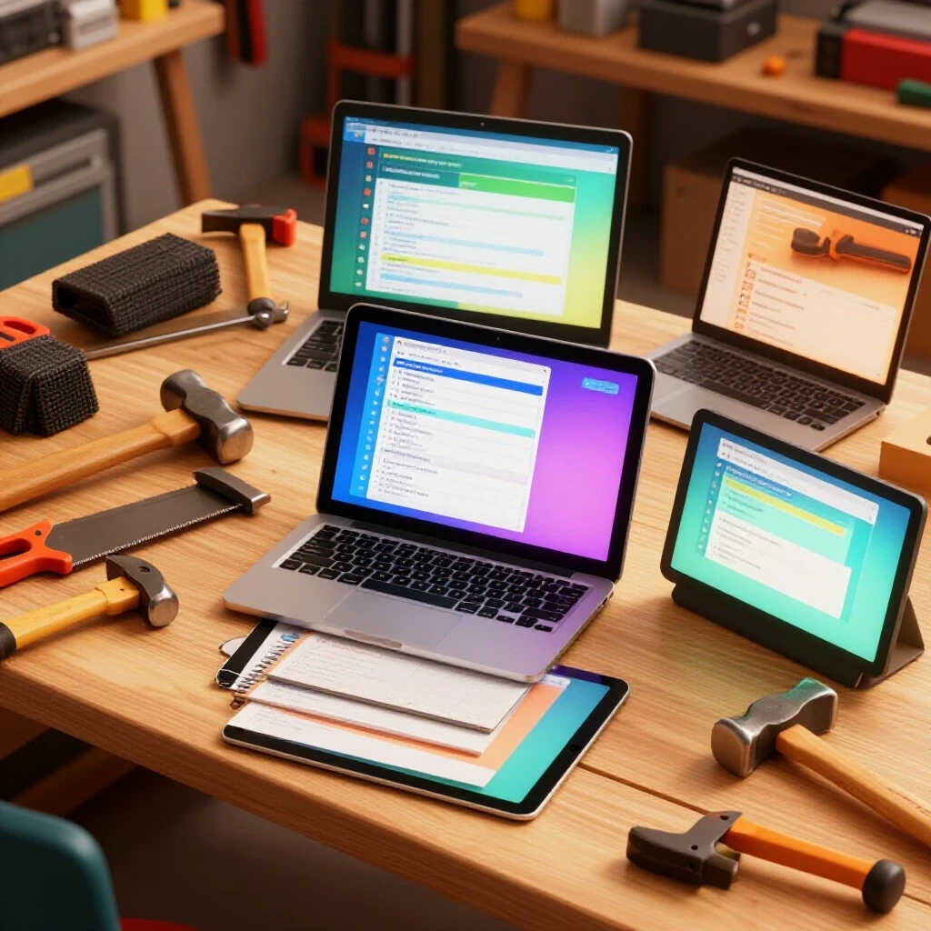 A cluttered workshop table showing digital devices and traditional tools, symbolizing DIY craftsmanship.