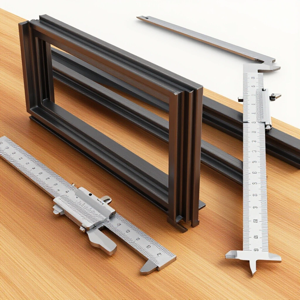 Close-up of a steel frame with rulers and calipers emphasizing precision in a bright workshop setting.