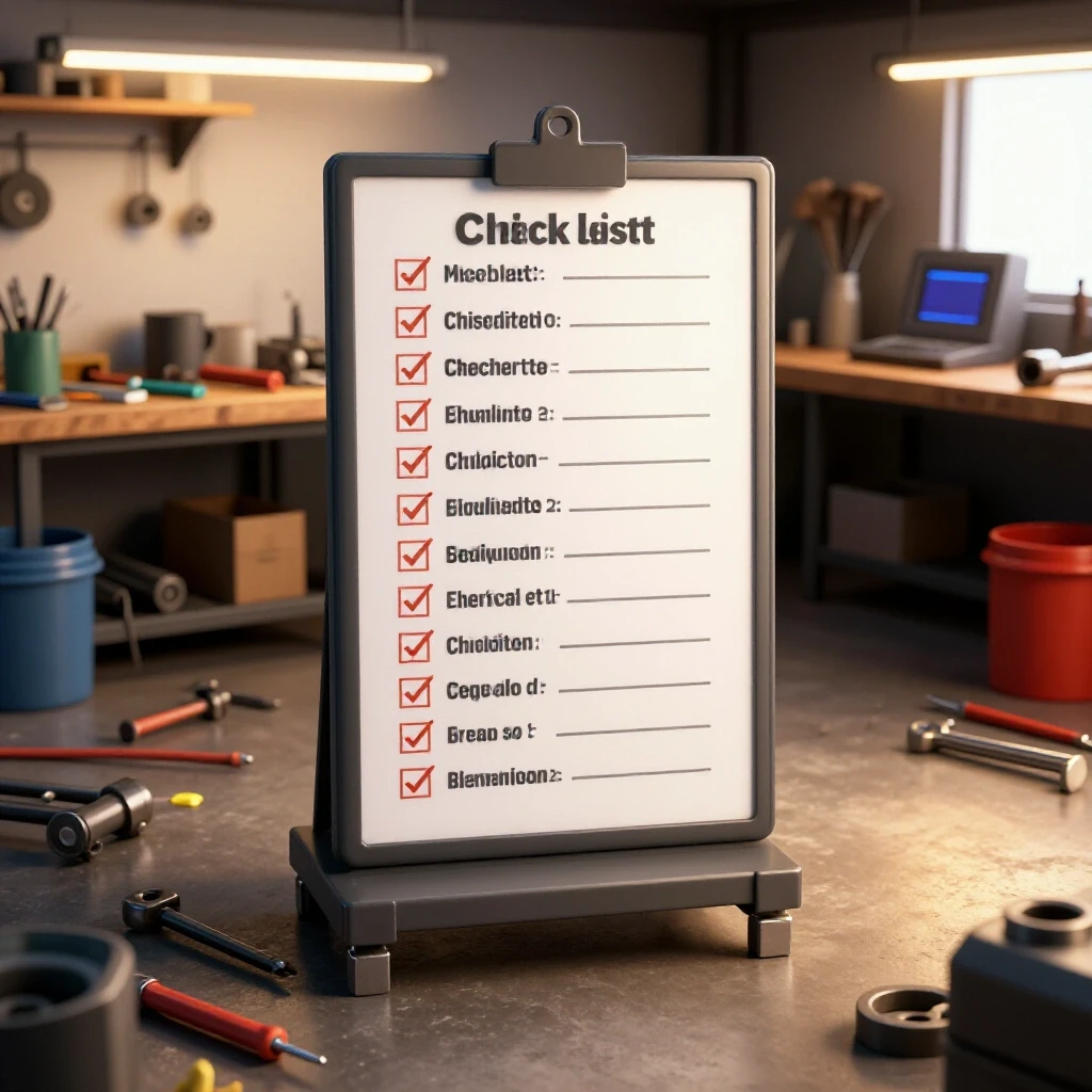 Organized workshop with checklist by welding station and scattered tools illustrating pre-weld preparation.
