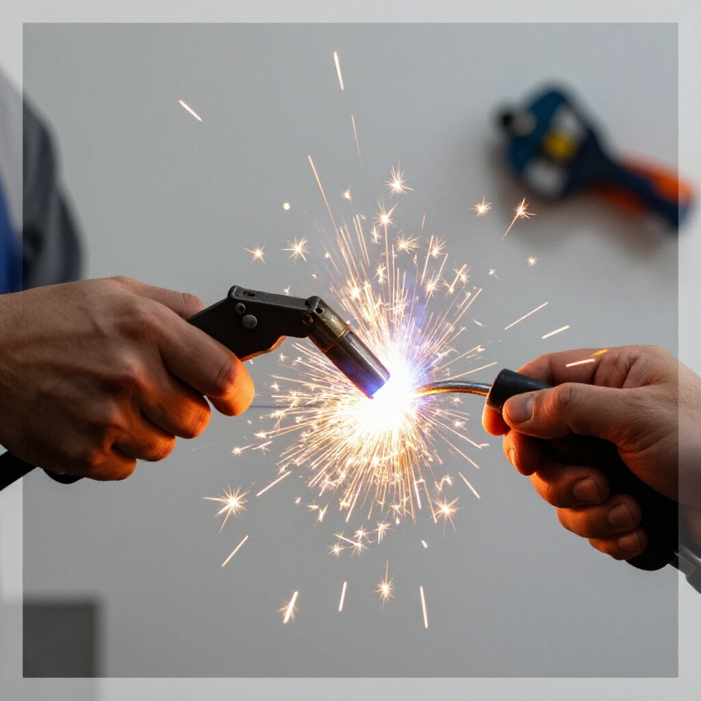 A close-up of a hand holding a welding torch with vibrant sparks flying, set in a bright background emphasizing quality checks.