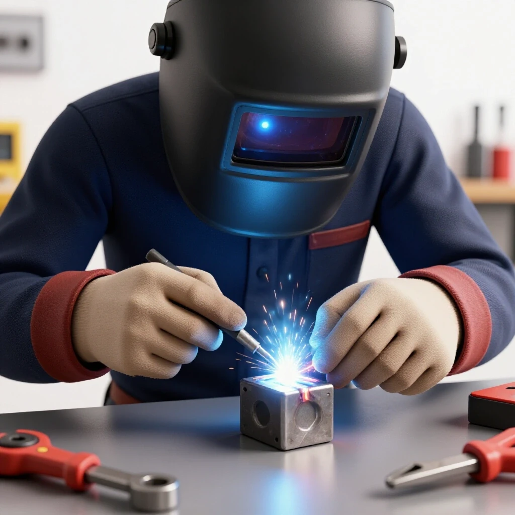 Close-up of a welder's hands checking a welded joint, showcasing tools in a bright workspace.