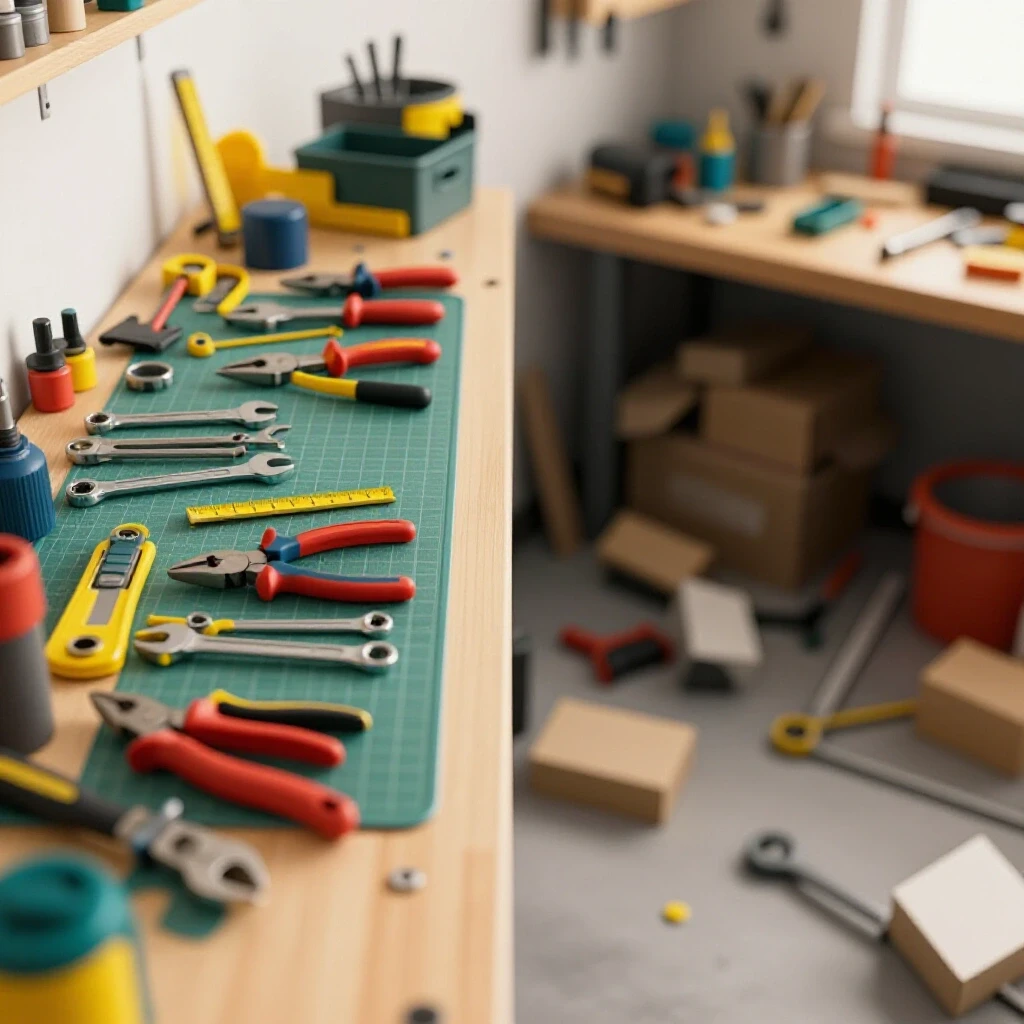 A contrasting workshop bench showing a tidy tool setup beside a chaotic, cluttered workspace, emphasizing quality and order.