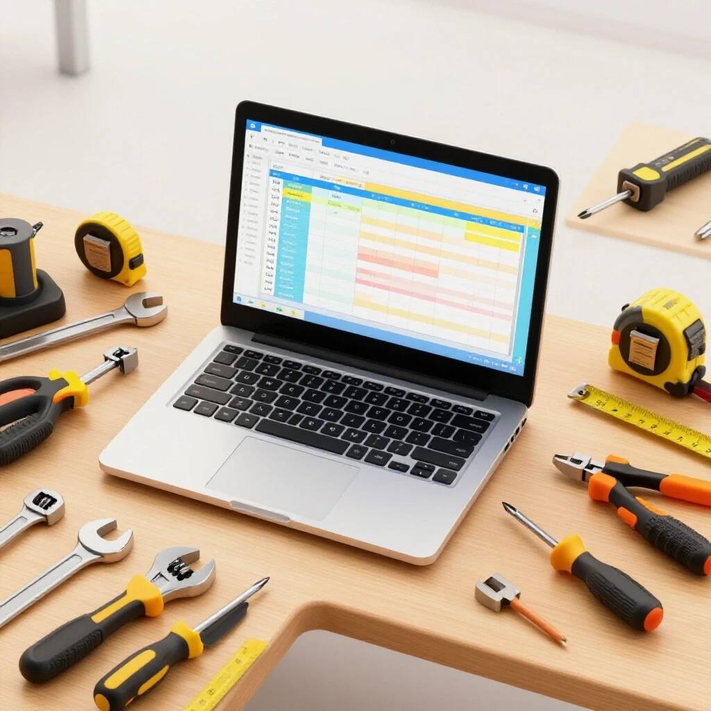 A bright workbench with a laptop showing a colorful spreadsheet, surrounded by shiny workshop tools.