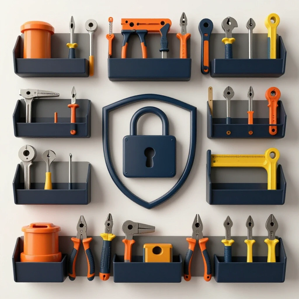 A colorful array of workshop tools organized in a clean, well-lit home shop setting, emphasizing security and accessibility.
