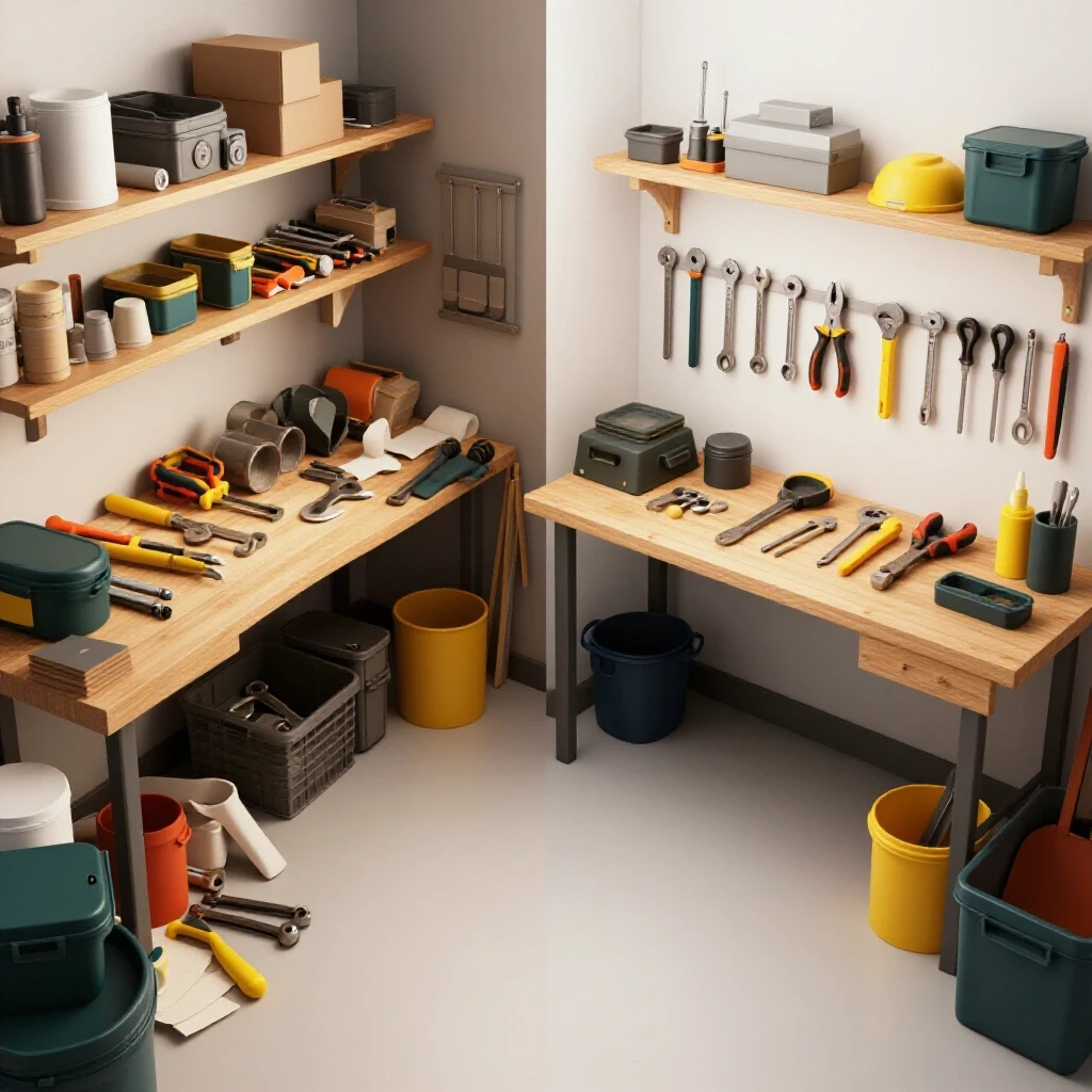 A visually striking workshop workspace before and after cleanup, showcasing organization and clutter reduction.