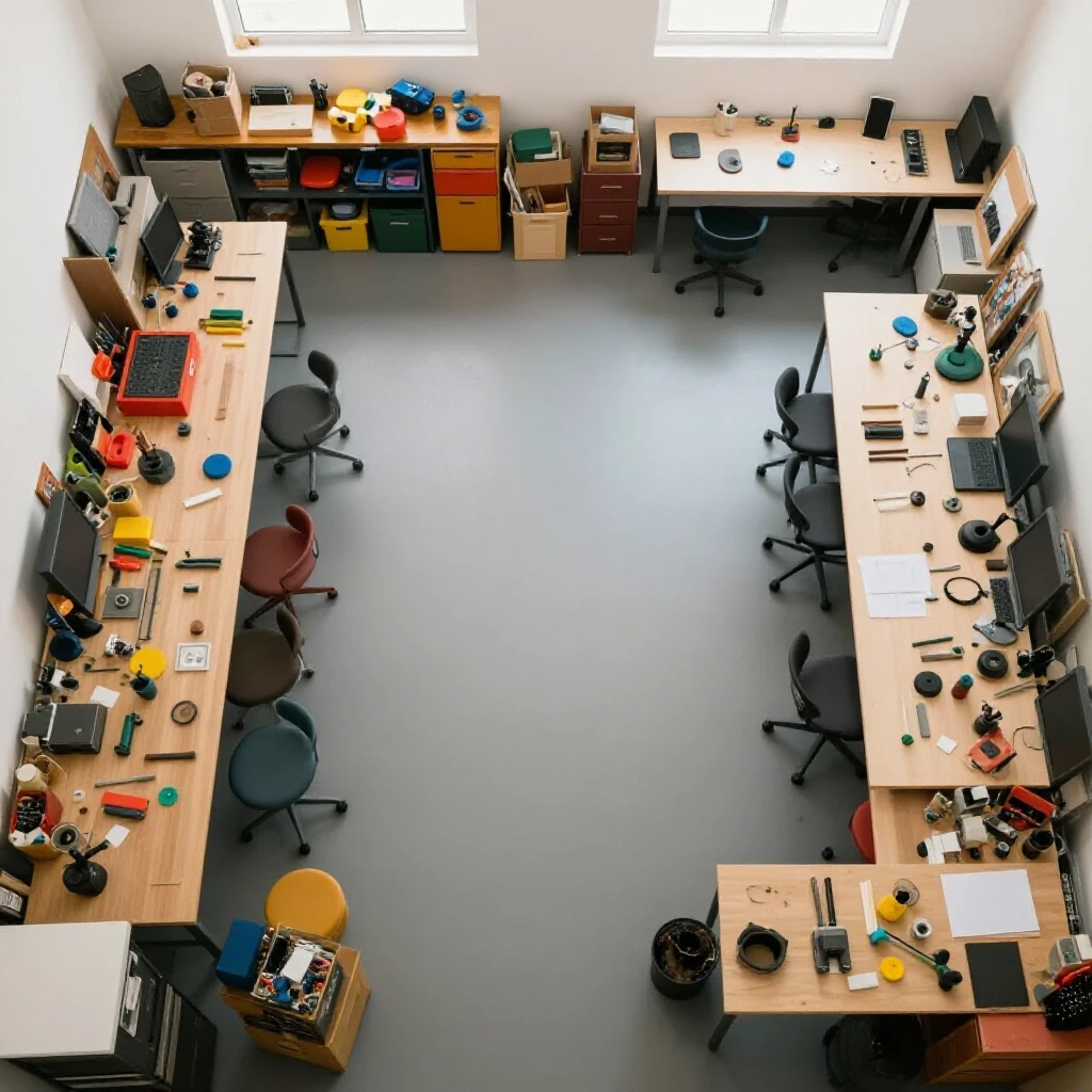A top-down view of a workshop contrasting a chaotic area with clutter and an organized area showing efficient layout and tools.