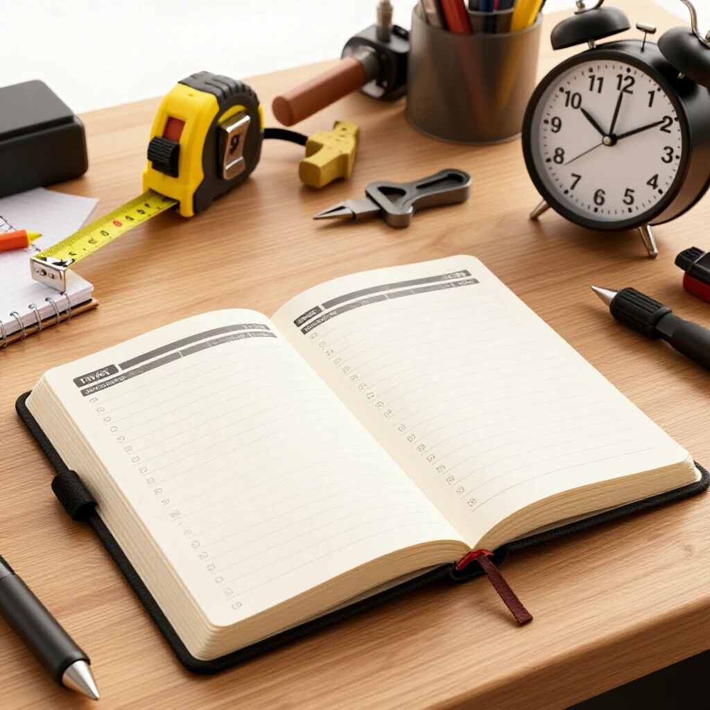 A workshop desk scene featuring an open scheduling diary, tools like a tape measure and notepad, surrounded by scattered tools to symbolize project management.