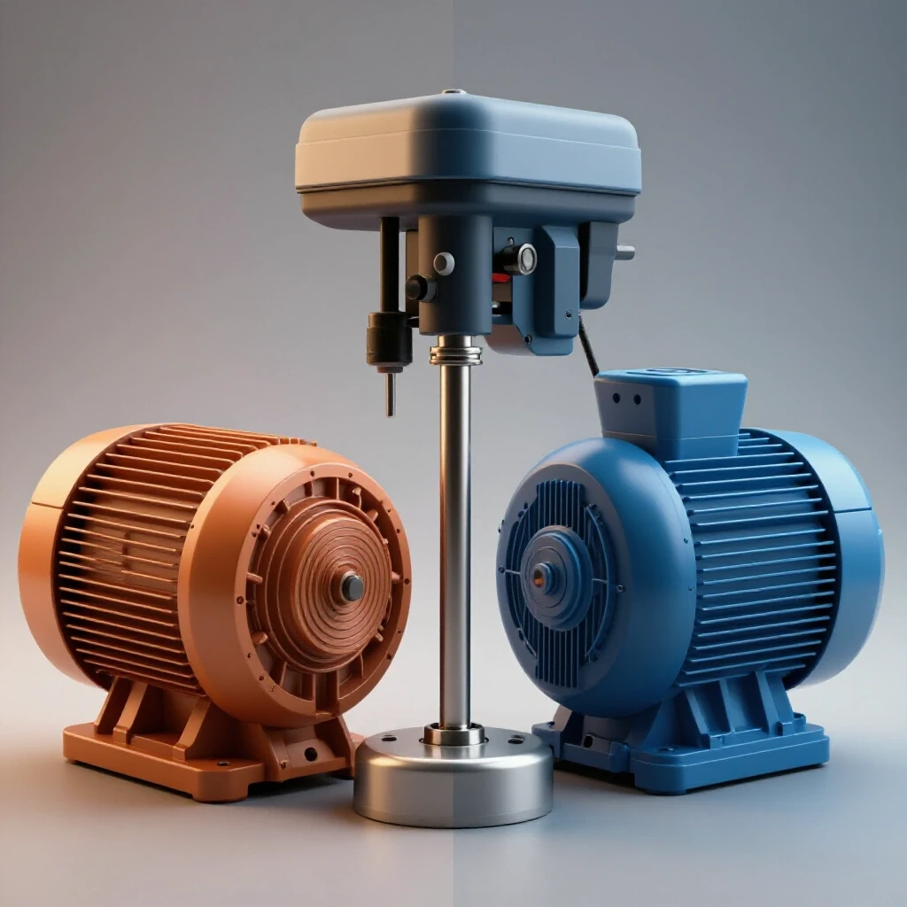 A visually striking comparison of single-phase and three-phase motors, highlighting their designs and characteristics with a drill press.