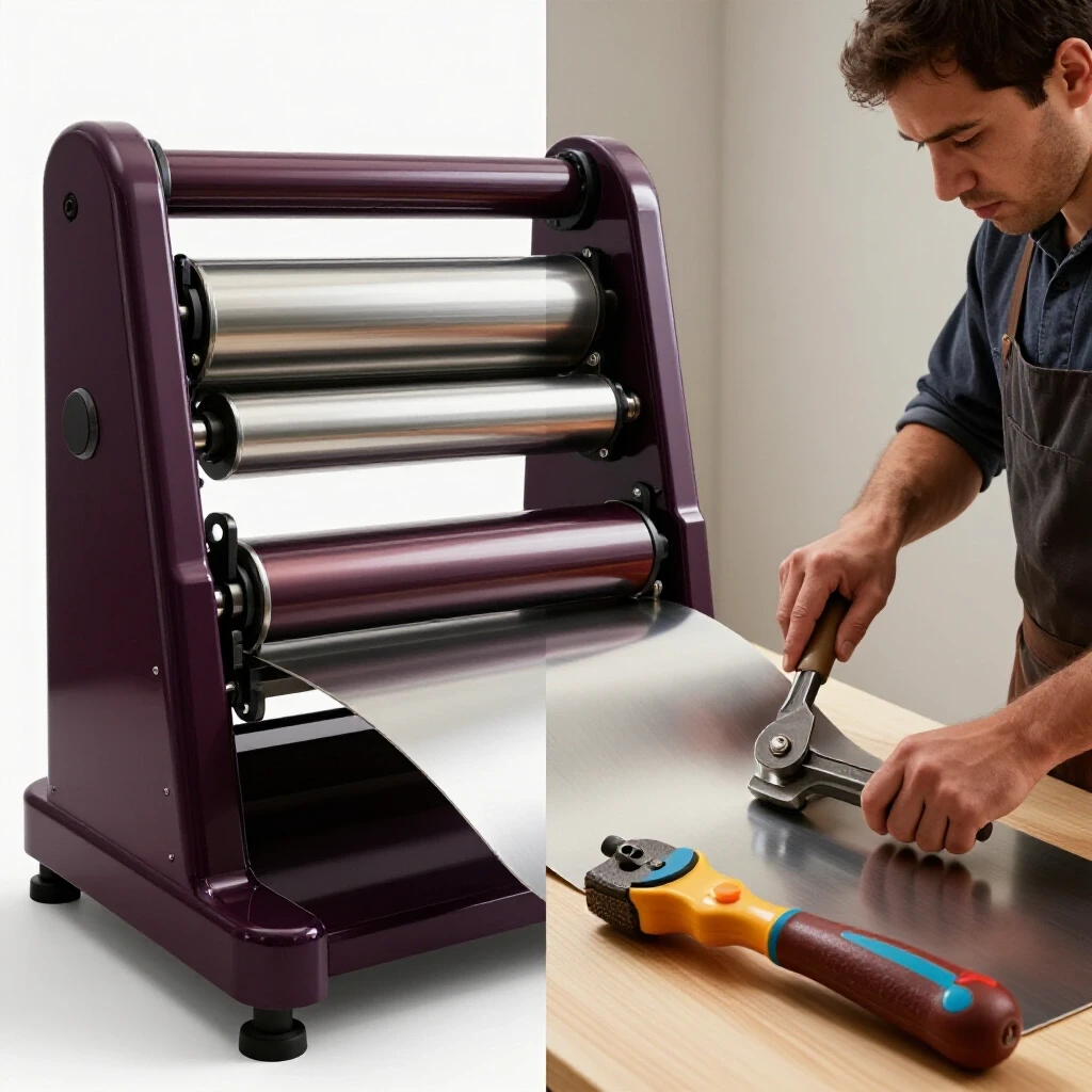 A comparison image showing a modern slip roll machine alongside a traditional hand-bending tool, showcasing sheet metal curves.