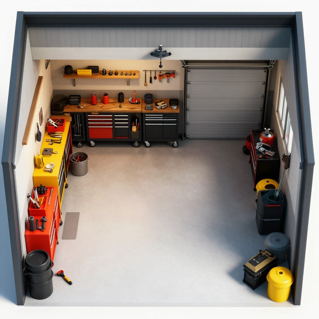 Bird's-eye view of a small garage workshop layout showcasing organized tools and clutter for efficiency contrast.