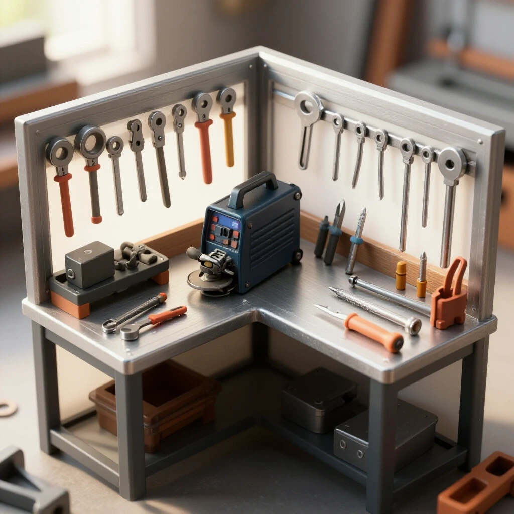 A tidy metal fabrication corner showcasing essential tools on a workbench with bright lighting and clean background.