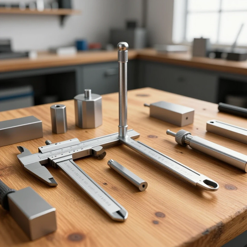 Close-up of precision metalworking tools on a wooden workbench, illustrating craftsmanship and depth of field.