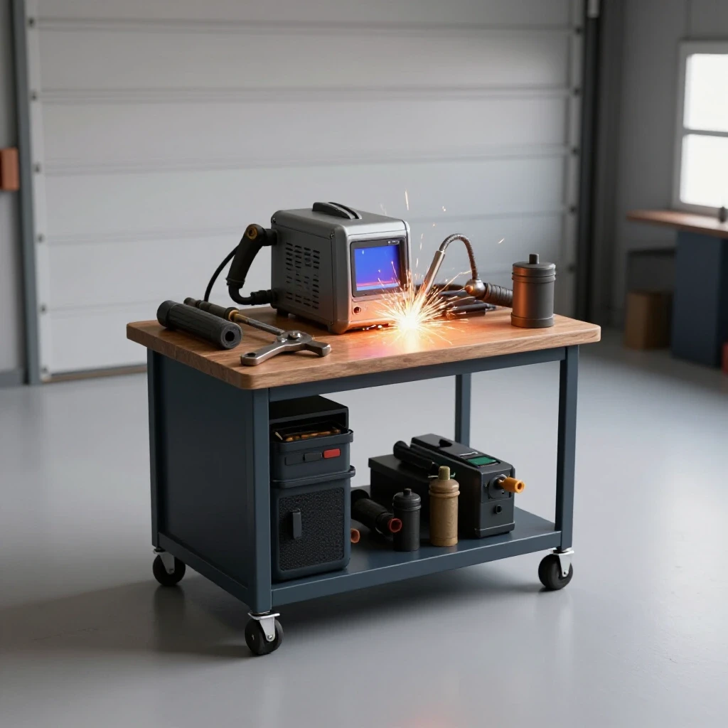 A small welding station in a garage featuring tools, sparks, and inviting warm light.