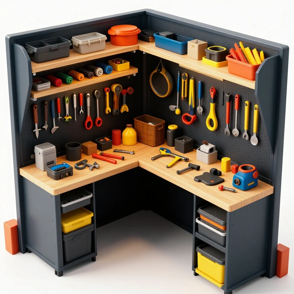 A vibrant and organized small workshop featuring space-saving storage solutions and multifunctional tools.