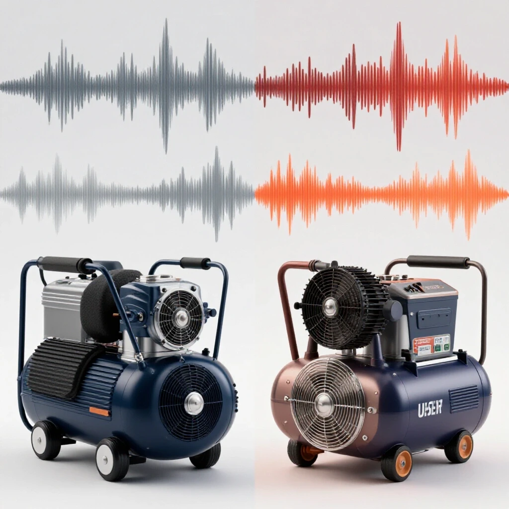 Comparison of two air compressors showing the impact of sound dampening pads on noise levels with visual sound waves.
