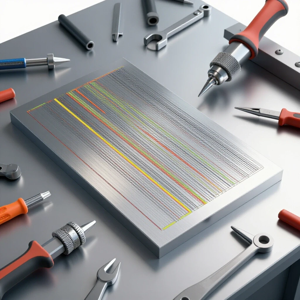 A bright metalworking workstation featuring precision tools and vibrant marking lines on metal, emphasizing efficient layout techniques.