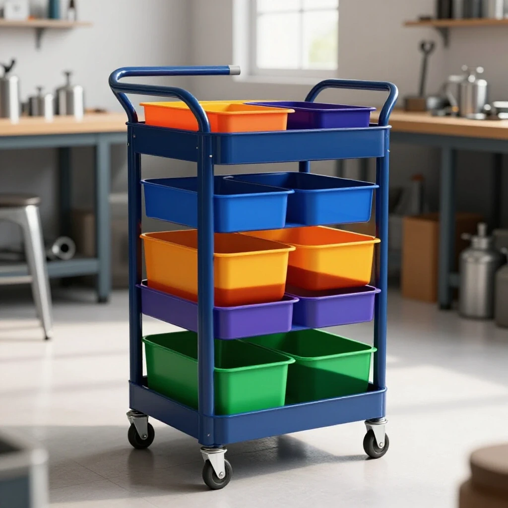 A sleek chemical storage shop cart with vibrant spill-proof compartments in a bright workshop setting.