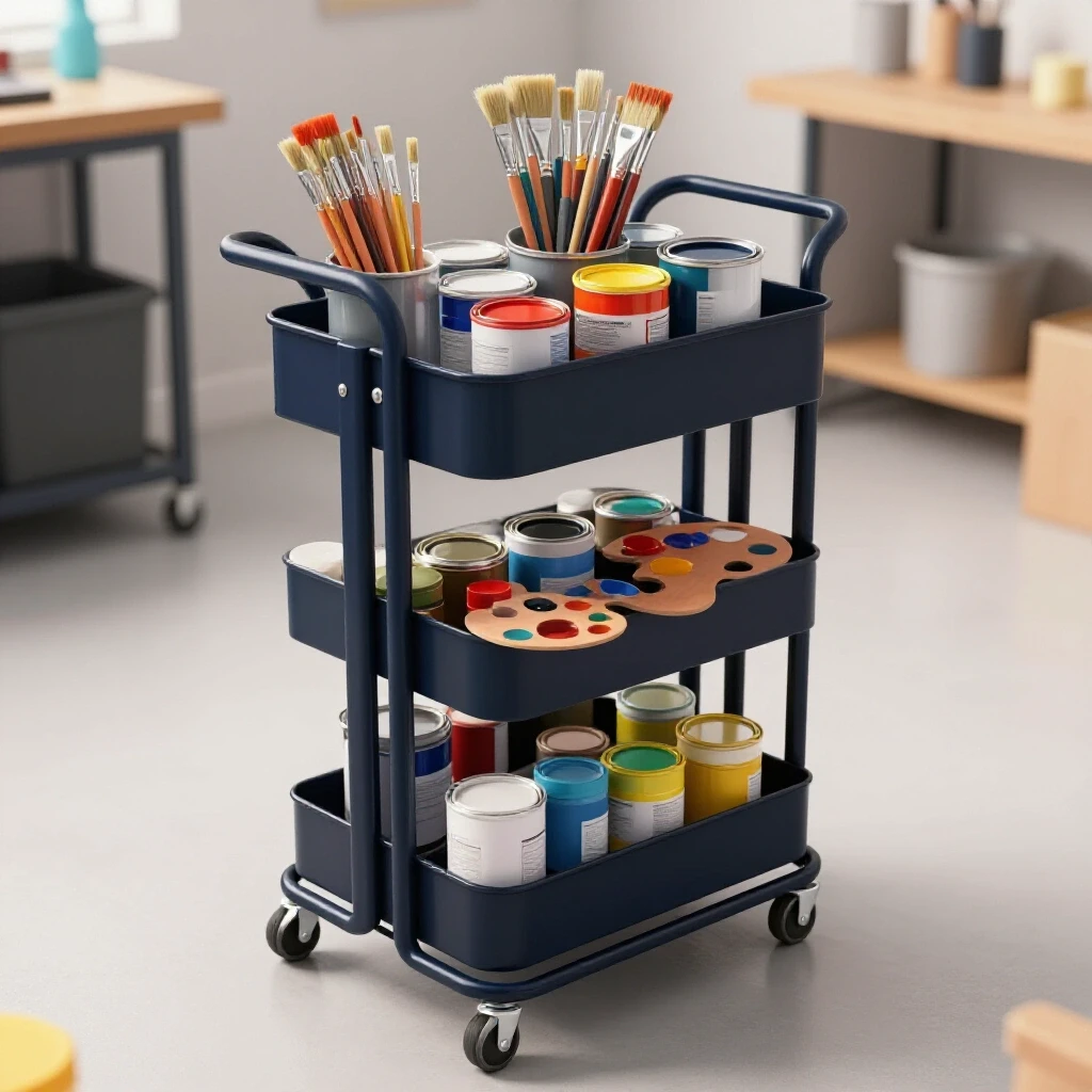 A modern rolling cart overflowing with vibrant paint supplies, set against a clean workshop backdrop.