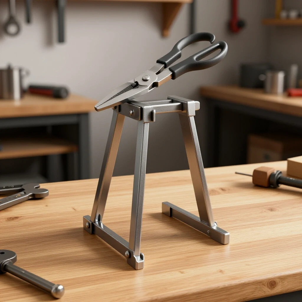 A polished metal stand holding throatless metal shears in a blurred workshop, emphasizing craftsmanship and stability.