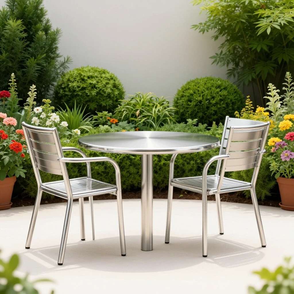 An elegant stainless steel outdoor furniture set showcased among lush greenery and vibrant blooms, highlighting durability and design.