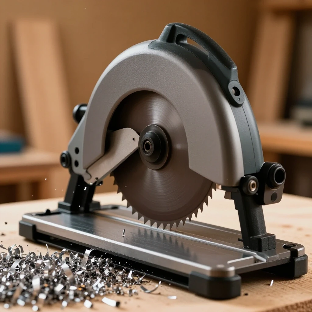A powerful steel bandsaw in action, with metal shavings flying, set in a bright woodshop environment.