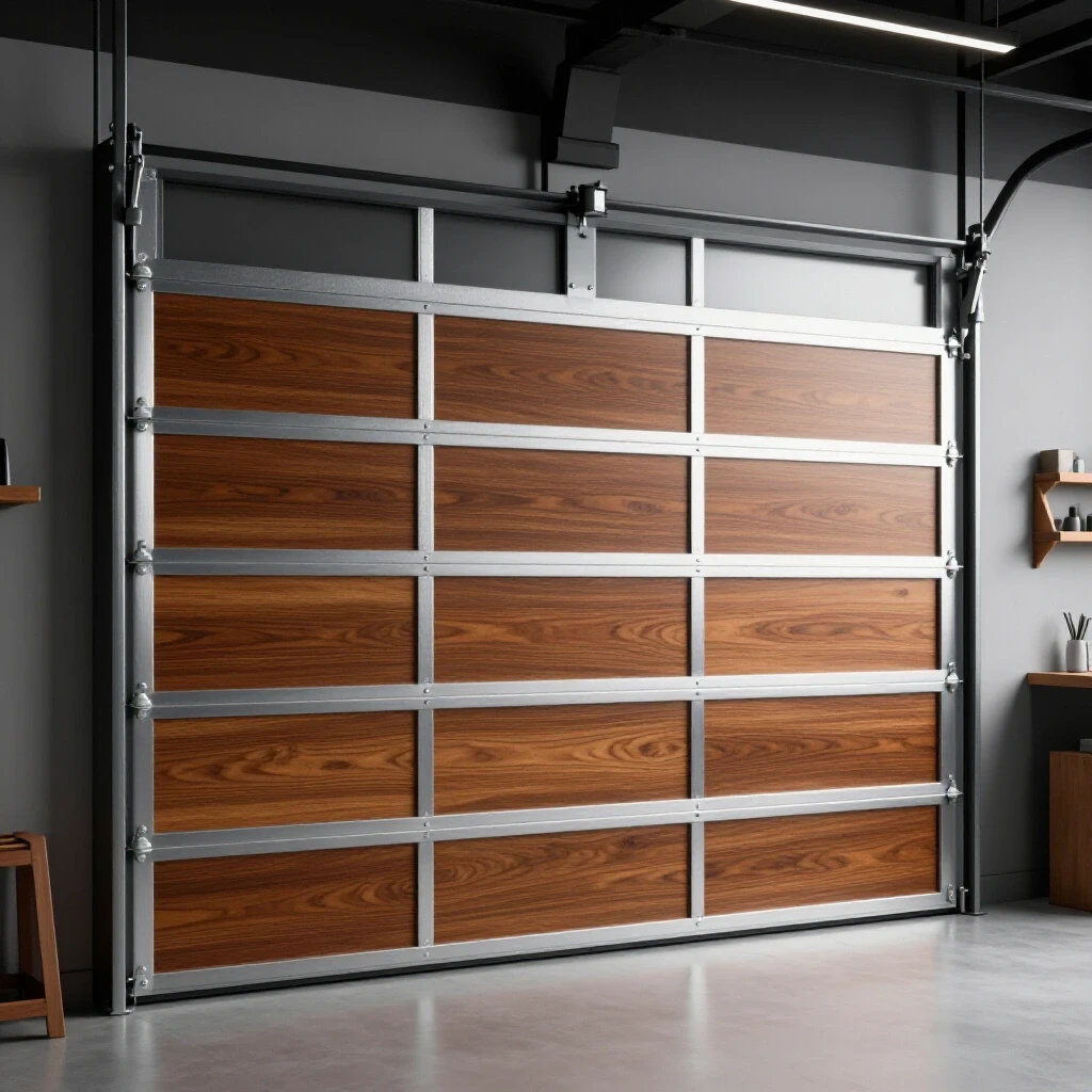 A modern steel garage door with wood veneer overlay, illuminated in a bright workshop environment.