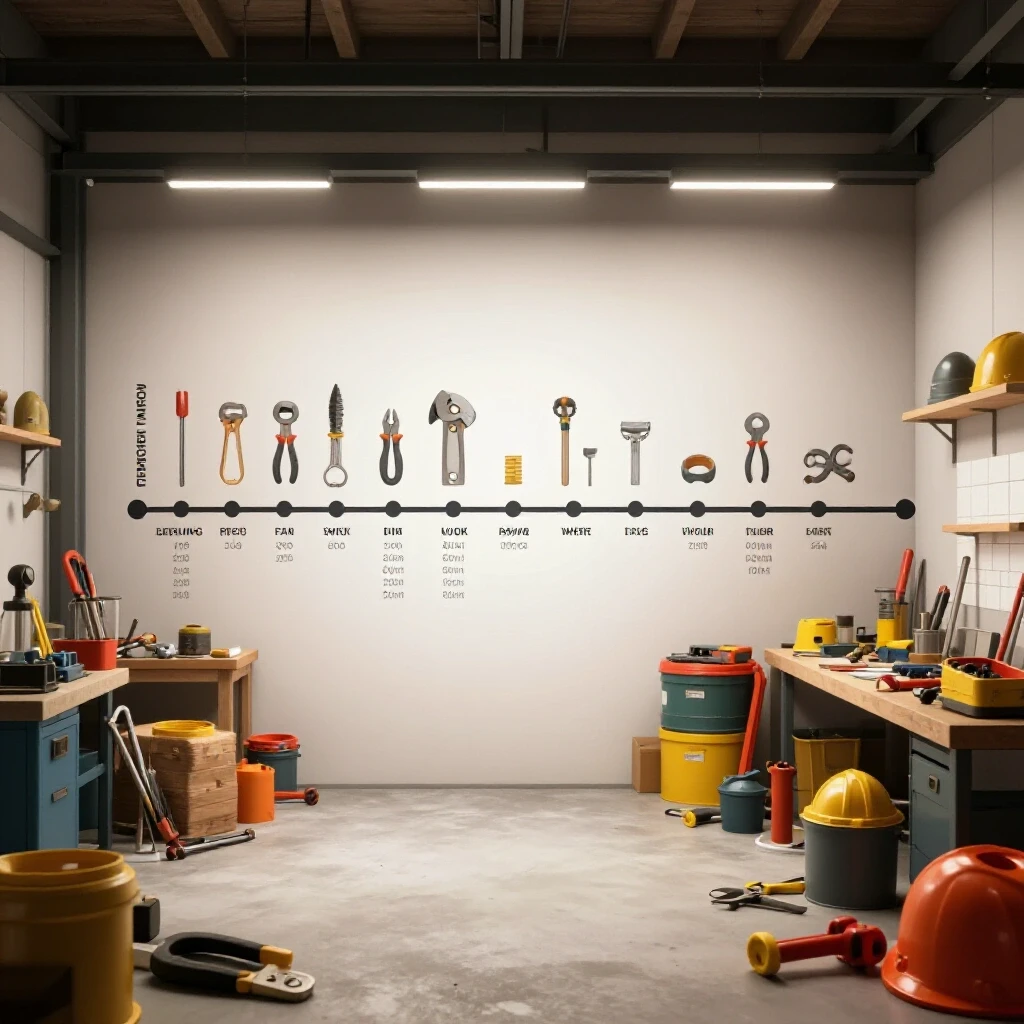 A contrasting image of an organized construction timeline and a chaotic garage workshop environment, showcasing tools and materials.