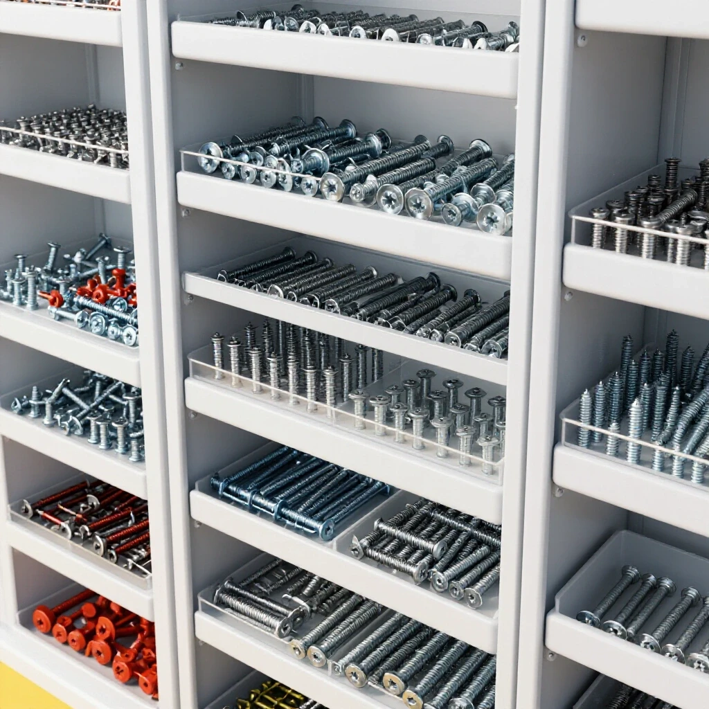 A vibrant storage rack filled with assorted fasteners, showcasing organization and efficiency for DIY projects.