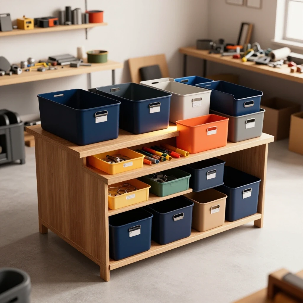 A well-organized workshop featuring labeled storage bins, contrasted by a chaotic area with scattered parts.