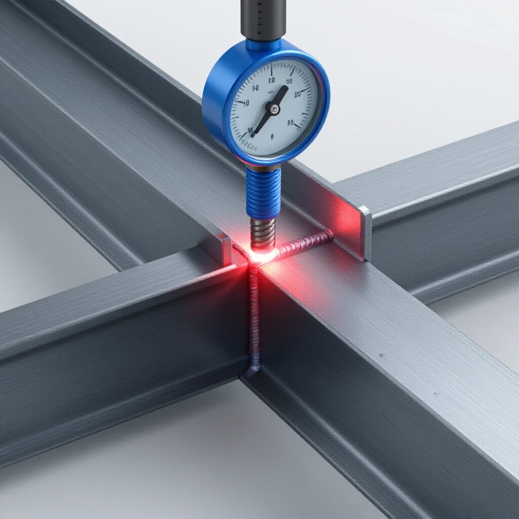 Close-up of a robust steel beam undergoing a stress test, featuring a glowing weld seam and a high-tension gauge.
