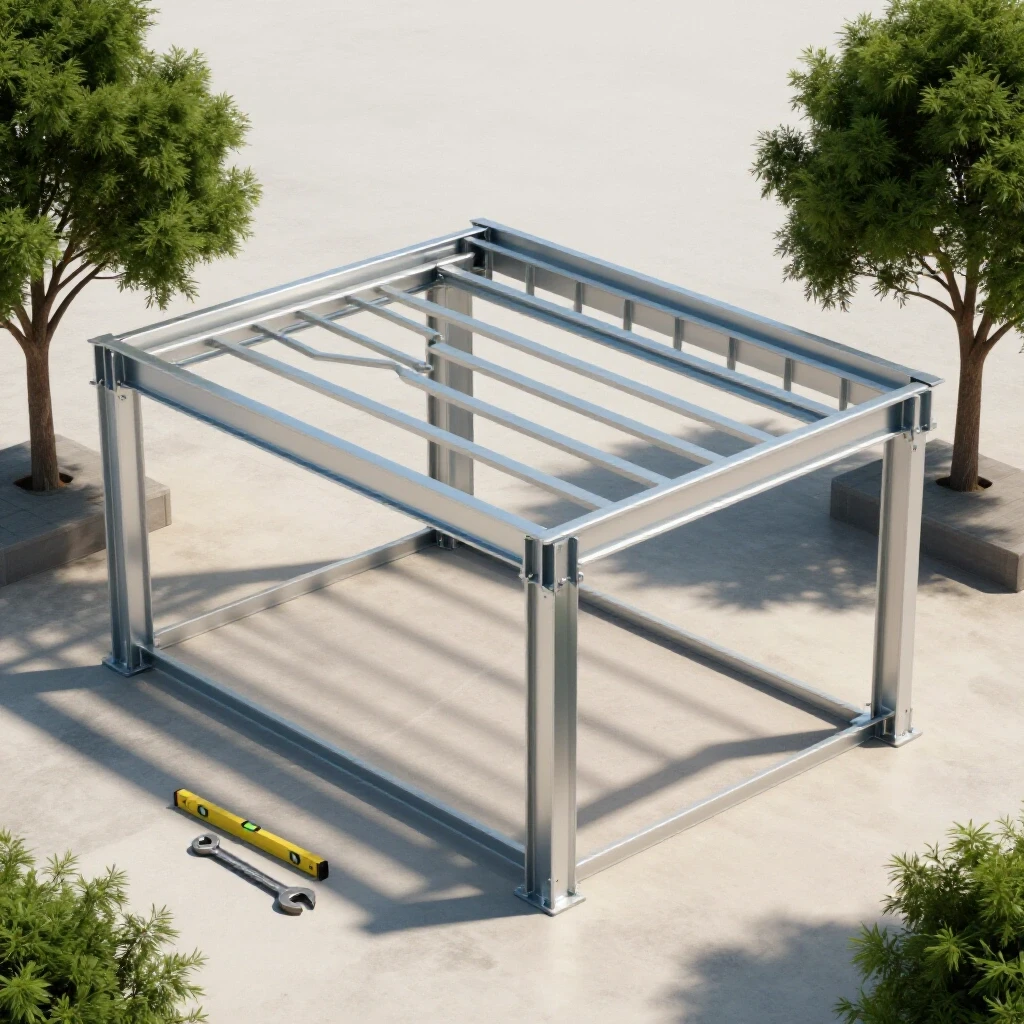 A robust steel canopy frame under construction, with sunlight highlighting shiny metal and shadows from trees, symbolizing strength.