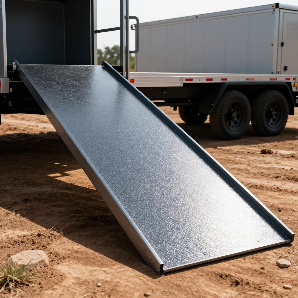 Close-up of a steel ramp showcasing its textured surface with a utility trailer in rugged terrain backdrop.