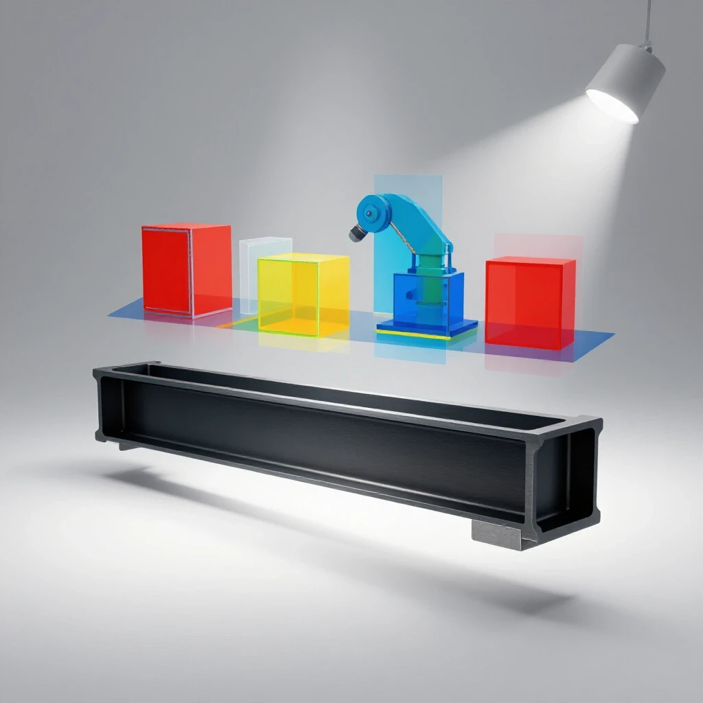A strong steel beam illustrated under a spotlight, with weight shapes floating above to represent load capacity.