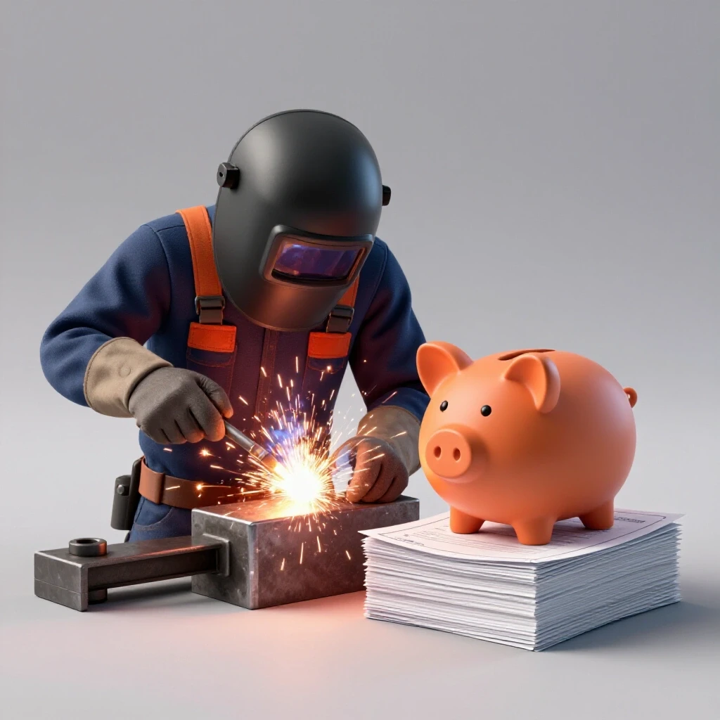 A split image showing a welder creating sparks on one side and a stack of certification documents with a piggy bank on the other side.