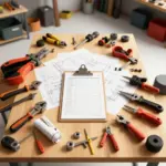 A well-organized workshop table with welding tools, blueprints, and a checklist, bright and inviting setup.