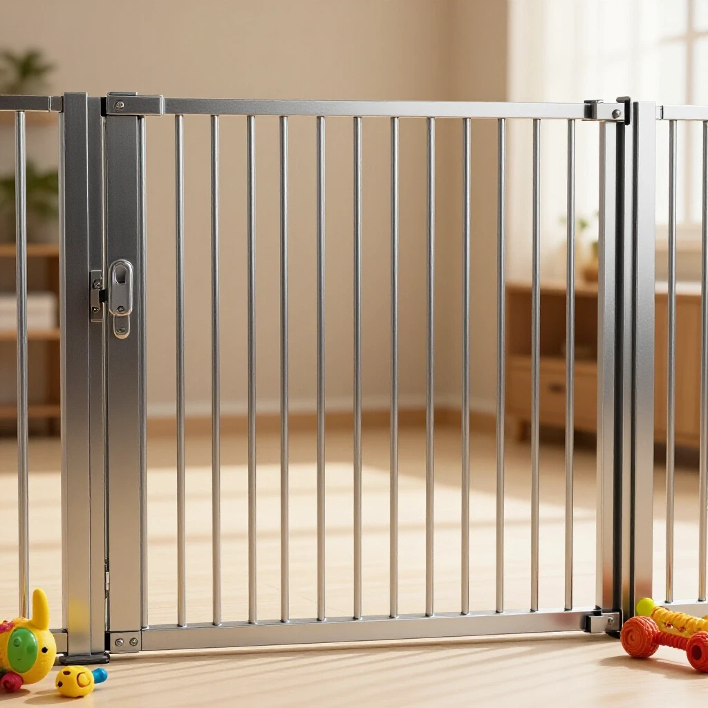 A close-up view of a sturdy steel pet gate with a secure latch in a well-lit home environment, showing textures and details.