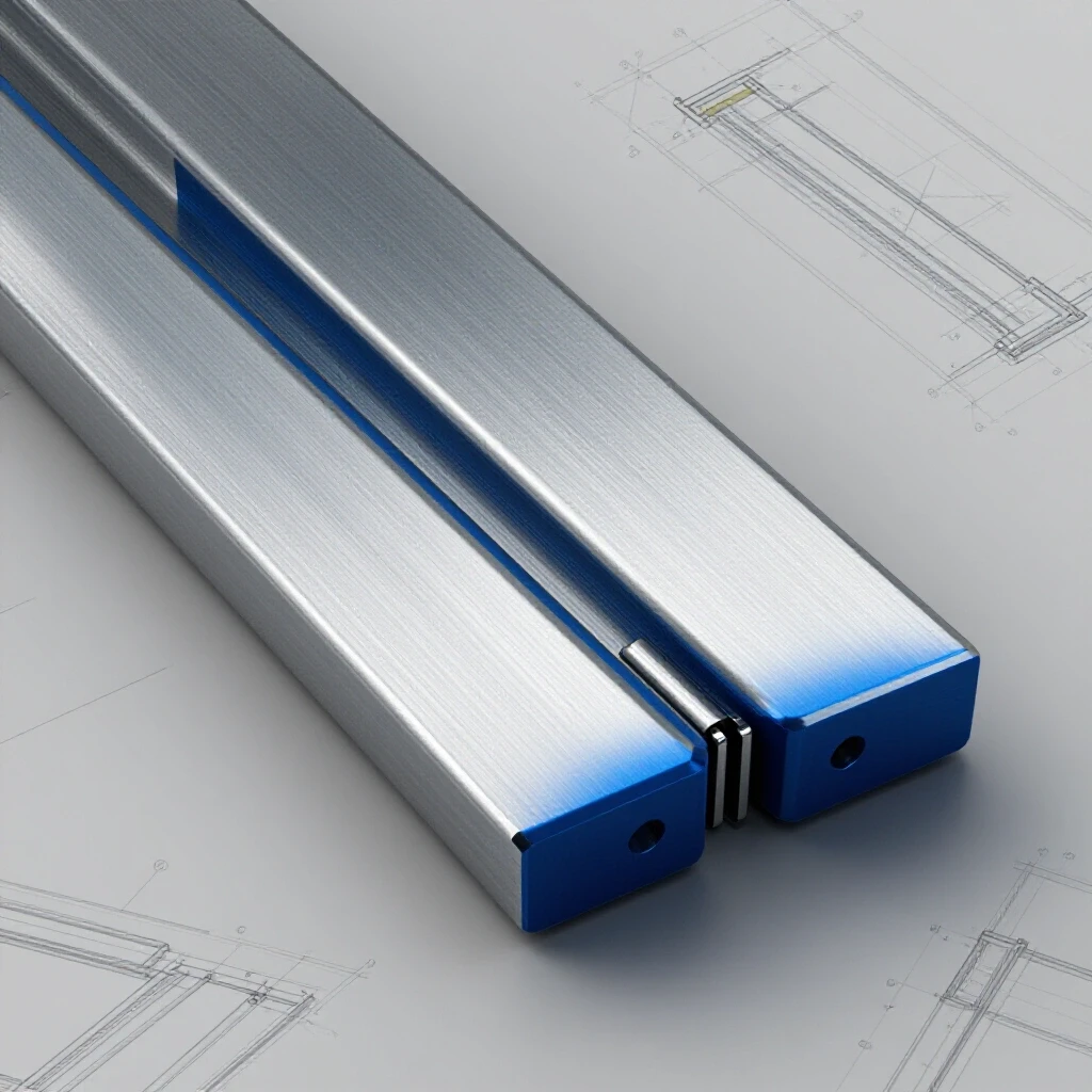 Close-up of a tab and slot metal joint assembly with brushed silver and deep blue sheets and technical schematics in the background.