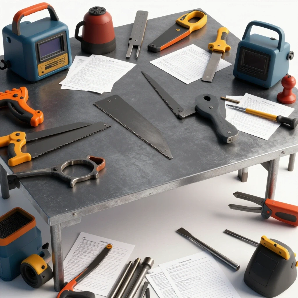 A cluttered metalworking workshop bench with tools and tax documents, showcasing a balance of creativity and financial responsibility.