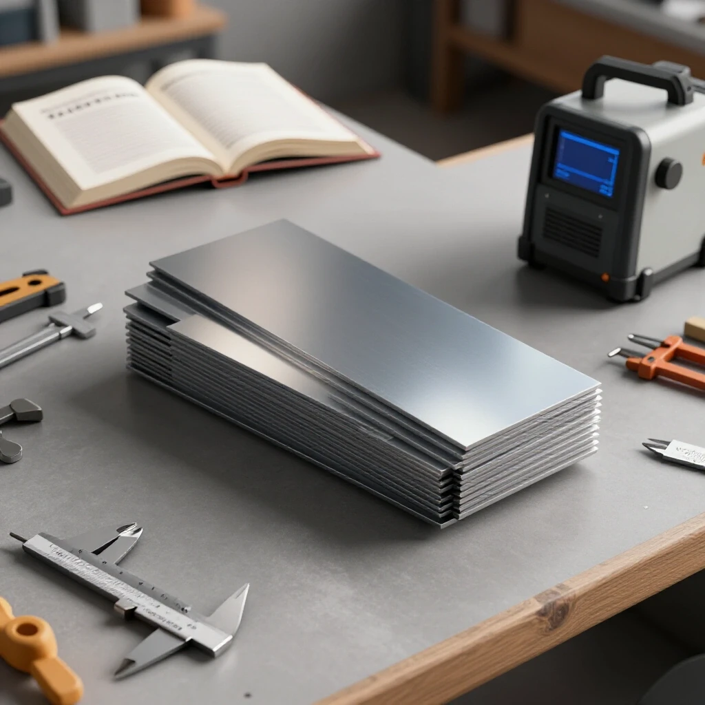 A steel workshop showcasing a stack of gleaming steel sheets, surrounded by tools, and an open tax code book in the background.