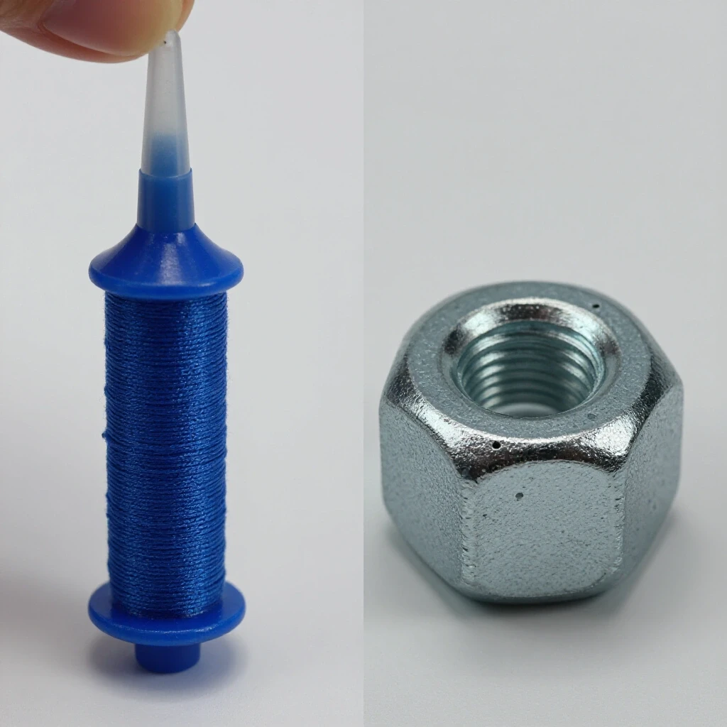 Vibrant blue threadlocker compound next to a metallic nylon lock nut in a bright workshop setting.